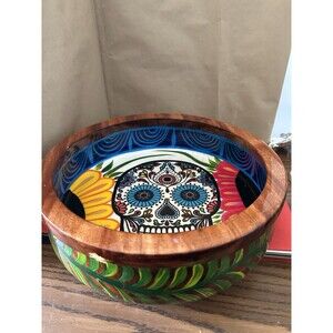 Mexican Lacquered Wooden Bowl(dis De Los Muertos) Hand Pained 12” Diameter 4” Hi